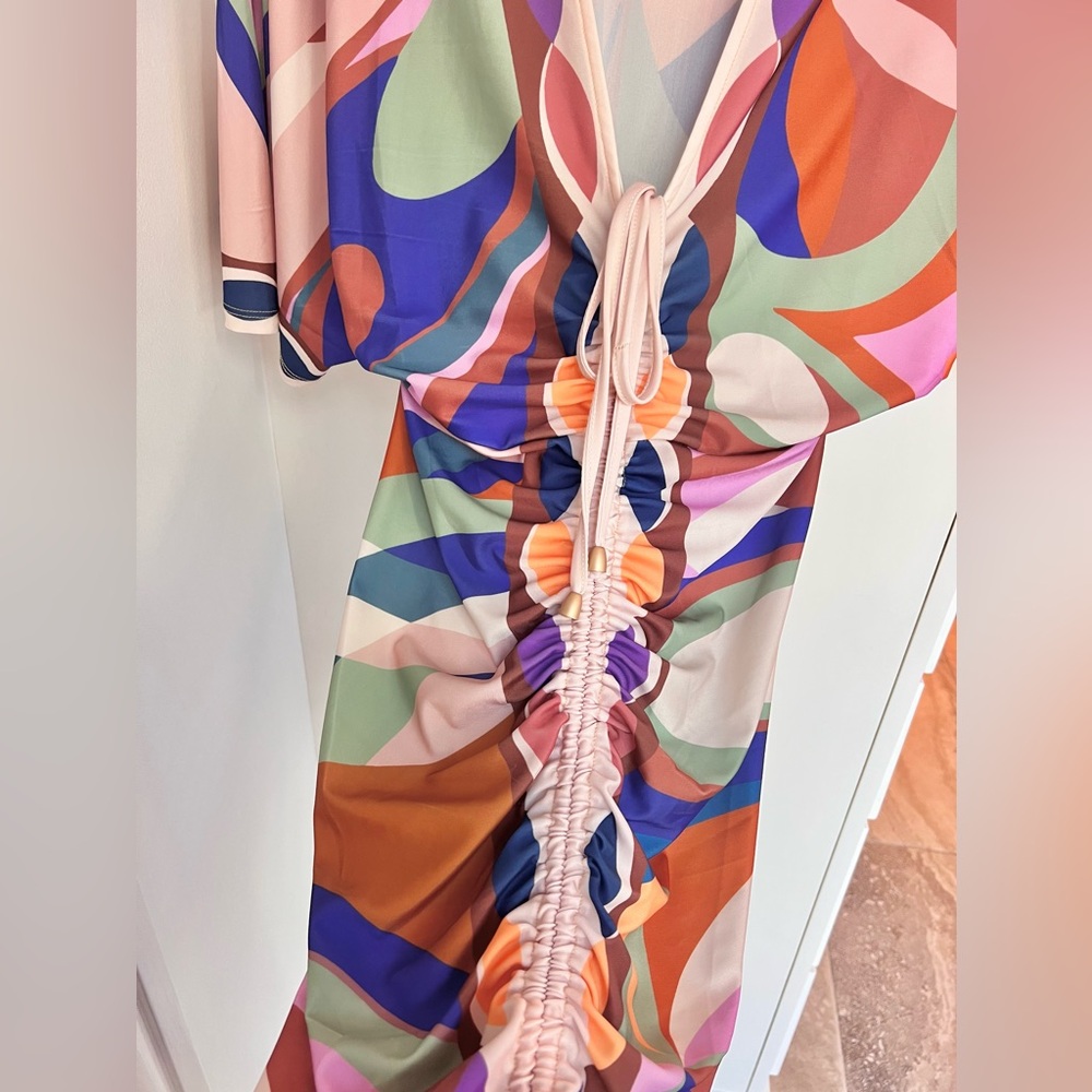 Sexy Tropical Abstract Midi Dress Ruched 🔥 - Picture 3 of 7